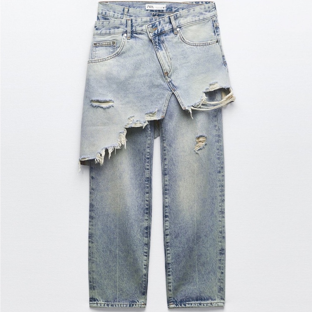 Zara Light Blue Distressed Straight Jeans
